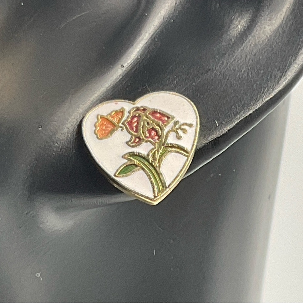 Earrings Cloisonne Stud Butterfly Flower Gold Tone Heart White 80s Vintage Jewel - Picture 2 of 6